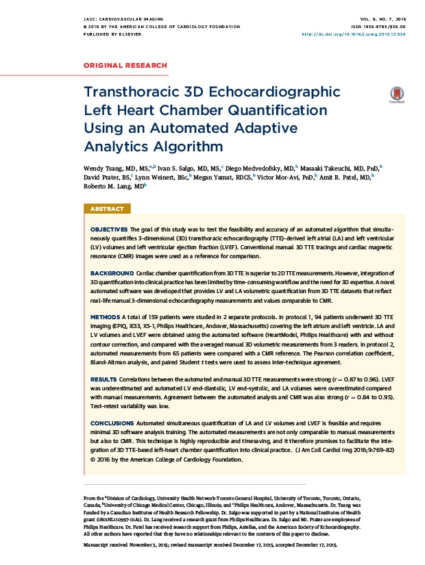 Transthoracic 3D Echocardiographic Left Heart Chamber Quantification Using an Automated Adaptive Analytics Algorithm